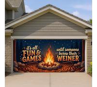 Copertura per porta del garage a tema campeggio, design divertente e giochi per braciere, decorazione esterna per riunioni estive con barbecue, 390 x 180 cm