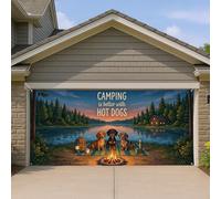 Copertura per porta del garage a tema campeggio, scena naturale rustica con cani, decorazione esterna per estate e autunno, perfetta per gli amanti del campeggio, 400 x 180 cm