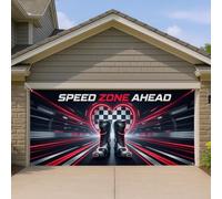 Copertura per porta del garage a tema corse, design con zona di velocità nera e rossa, perfetta per gli appassionati di auto all'aperto, decorazioni stagionali per garage, 400 x 180 cm