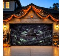 Copertura per porta del garage a tema Halloween con cappello da strega | Cappello galleggiante, sfondo porta garage, cimitero inquietante, fantasmi luminosi, paesaggio gotico, scena notturna