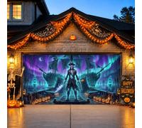 Copertura per porta del garage a tema Halloween con scheletro dei pirati spettrali, 390 x 180 cm | Sagoma di nave fantasma, decorazioni per porte di garage, aurora boreale incandescente, capitano pirata con la spada