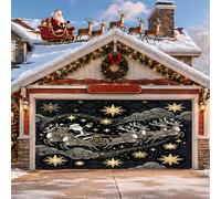 Copertura per porta del garage a tema natalizio con skyline notturno di | Tema skyline di mezzanotte, sfondo per porta del garage, motivi a stella dorata, silhouette di renna