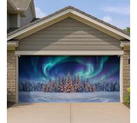 Copertura per porta del garage, aurora boreale, invernale, 400 x 180 cm | Foresta di pini innevata, sfondo porta garage, aurora boreale, skyline notturno, esterno stagionale della casa