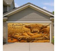 Copertura per porta del garage autunnale, design rustico con mucca, colori marrone caldo e oro, decorazione stagionale per la casa per l'autunno e il Ringraziamento, 400 x 180 cm