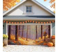 Copertura per porta del garage autunnale rustico, grande foresta di zucca arancione, decorazione per porte del garage, decorazione per interni ed esterni, 390 x 180 cm