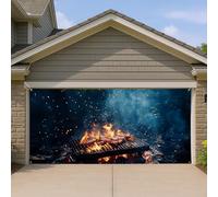 Copertura per porta del garage, barbecue alla griglia del fuoco, grande decorazione per feste estive, design rustico con fiamme della foresta per eventi stagionali, 390 x 180 cm