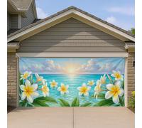 Copertura per porta del garage con alba tropicale, decorazione floreale in stile spiaggia, giallo brillante e verde, grandi decorazioni per porte del garage, sfondo estivo per feste all'aperto e al