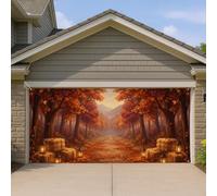 Copertura per porta del garage, con alberi e lanterne rustiche autunnali, balle di fieno, sfondo arancione autunnale, decorazione per la casa, per giardino, cortile, esterno, interno, feste, sfondo