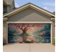 Copertura per porta del garage con albero di ciliegie incantate, 390 x 180 | Paesaggio impressionista, decorazioni per porte di garage, riflessione d'acqua serena, ninfee galleggianti