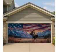 Copertura per porta del garage con alce americana, grande decorazione per la casa all'aperto della fauna selvatica, striscione rustico patriottico della natura, 390 x 180