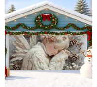 Copertura per porta del garage con angelo vintage, decorazione invernale bianca accogliente per decorazioni natalizie per esterni, 390 x 180 cm