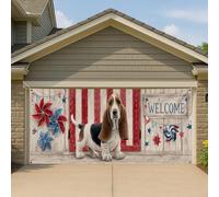 Copertura per porta del garage con basset hound, a righe rosse e bianche, grandi decorazioni per garage, decorazione di benvenuto per esterni in stile americano, 390 x 180 cm