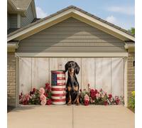 Copertura per porta del garage con bassotto patriottico, decorazione rustica americana per giardino di rose, grande striscione per garage, decorazione per feste per tutte le stagioni, 390 x 180 cm