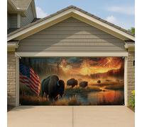 Copertura per porta del garage con bisonte patriottico, grande paesaggio americano fauna selvatica decorativa per esterni, decorazione per sfondo estivo per il giorno dell'indipendenza, 390 x 180 cm