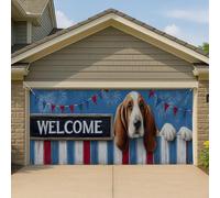 Copertura per porta del garage con cane di benvenuto, grande stampa basset hound retrò patriottico banner, decorazione estiva per feste all'aperto, sfondo 400 x 180 cm