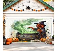 Copertura per porta del garage con cane strega, fantasioso calderone spettrale zucche Halloween verde garage porta banner decorazione per la casa per cortile esterno interno festa sfondo 400 x 180 cm