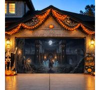 Copertura per porta del garage, con castello gotico, scena di Halloween | Scena del castello gotico, sfondo della porta del garage, sfondo della luna piena, misterioso cavaliere, atmosfera spettrale