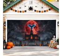 Copertura per porta del garage con castello gotico, spettrale gotico con luna rossa pipistrelli Halloween nero decorazione per la casa per giardino cortile esterno interno festa sfondo 400 x 180 cm