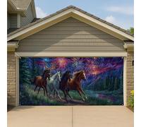Copertura per porta del garage con cavalli patriottici, paesaggio occidentale della natura mistica grande decorazioni per garage, decorazione estiva per feste all'aperto, 390 x 180 cm