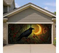 Copertura per porta del garage con corvo e luna, design vintage scuro, nero e rosso, grande decorazione per porte del garage, decorazione autunnale per esterni, 390 x 180 cm