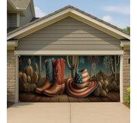 Copertura per porta del garage con cowboy degli Stati Uniti occidentali, 18 x 20 cm, beige, stile country con stivali e cappello, decorazione patriottica per l'ingresso della casa per l'estate e il