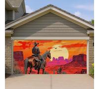 Copertura per porta del garage con cowboy occidentale al tramonto, rustica Wild West, grande decorazione per porte del garage, scena esterna per casa, estate e autunno, 400 x 180 cm