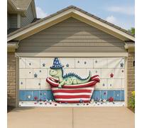 Copertura per porta del garage con dinosauro dei cartoni animati patriottici, decorazioni per esterni a strisce rosse, decorazione estiva per il giorno dell'indipendenza del cortile 390 x 180 cm