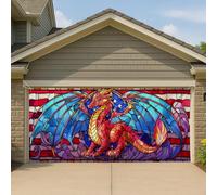 Copertura per porta del garage con drago fantasy, splendido stile mitico in vetro colorato, grande decorazione per garage, decorazione per interni ed esterni, per tutto l'anno, 400 x 180 cm