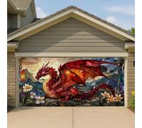 Copertura per porta del garage con drago in vetro colorato, decorazione per la casa di fantasia magica rossa, decorazione estiva per esterni, 390 x 180 cm