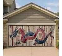 Copertura per porta del garage con drago rosso e blu, grande decorazione a forma di drago, mitico stile moderno orientale, decorazione per la casa per esterni, esposizione a molla, 390 x 180 cm