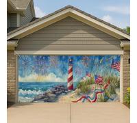 Copertura per porta del garage con faro patriottico, 2,1 x 4,9 m, decorazione per esterni con sabbia e spiaggia, paesaggio nautico americano, decorazione estiva per il giorno dell'indipendenza 390 x