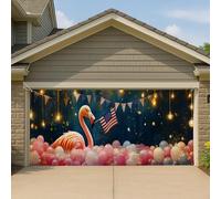 Copertura per porta del garage con fenicottero patriottico, rosa festivo americana, grande striscione per garage all'aperto, decorazione per feste estive, sfondo per il giorno dell'indipendenza 400 x