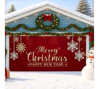 Copertura per porta del garage con fiocco di neve di Natale, decorazioni natalizie rosse, decorazione per esterni con scritta "Merry Christmas" e felice anno nuovo, 390 x 180 cm