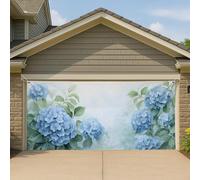 Copertura per porta del garage con fiori di ortensia, blu acquerello villaggio giardino grande decorazioni per porte del garage, decorazione per sfondo casa all'aperto primavera 390 x 180 cm
