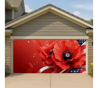 Copertura per porta del garage con fiori patriottici, grande decorazione per striscione con fiori di papavero, sfondo esterno per il giorno della commemorazione, decorazione per l'indipendenza estiva