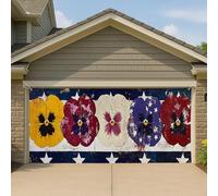 Copertura per porta del garage con fiori patriottici vintage, grande viola del pensiero per garage, decorazioni estive per feste all'aperto e giardino, 390 x 180 cm