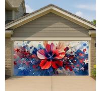 Copertura per porta del garage con fiori rossi e blu, grande decorazione per la casa astratta colorata, decorazione patriottica per esterni, estate 390 x 180 cm
