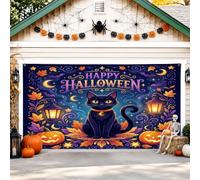 Copertura per porta del garage con gatti, fantasiosa lanterna con zucche festive, Halloween, nera, decorazione per la casa, per portico, patio, cortile, feste esterne, 400 x 180 cm
