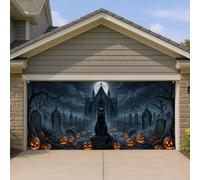 Copertura per porta del garage con gatti, zucche spettrali gotiche stregate castello stregato Halloween nero garage porta banner decorazione per la casa per cortile esterno interno sfondo per feste