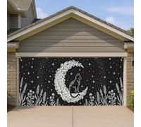 Copertura per porta del garage con gatto e luna, elegante design floreale con cielo notturno per decorazione domestica, Halloween e autunno, decorazione per esterni 400 x 180 cm