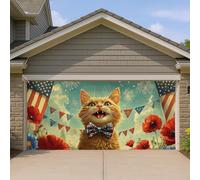 Copertura per porta del garage con gatto festivo, decorazione colorata per le vacanze con bandierine e fiori, vivaci decorazioni estive all'aperto per il giorno dell'indipendenza e celebrazioni, 400 x