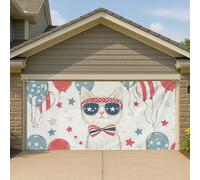 Copertura per porta del garage con gatto patriottico, decorazione rustica rossa e blu, decorazione per feste estive per il 4 luglio, 390 x 180 cm