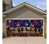 Copertura per porta del garage con gatto patriottico, design colorato con fuochi d'artificio e bandiera, decorazioni per il giorno dell'indipendenza all'aperto, divertente decorazione per feste estive
