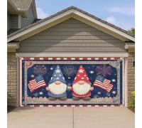 Copertura per porta del garage con gnomo patriottico, decorazioni vintage rosse e blu, decorazione per esterni per il 4 luglio, sfondo festivo per il giorno dell'indipendenza, 390 x 180 cm
