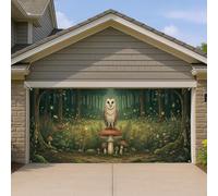 Copertura per porta del garage con gufo, design fantasioso della foresta con funghi, decorazione stagionale all'aperto incantata, sfondo autunnale della natura per la casa, 400 x 180 cm