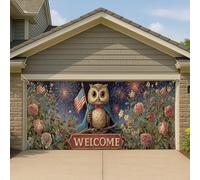 Copertura per porta del garage con gufo patriottico, grande simpatico animale decorativo di benvenuto, decorazione estiva all'aperto per festa dell'indipendenza, 390 x 180 cm