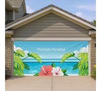 Copertura per porta del garage con ibisco tropicale, decorazioni floreali blu paradiso della spiaggia, decorazione estiva per feste in piscina all'aperto, 390 x 180 cm