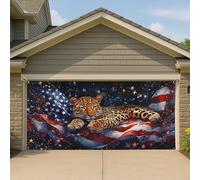 Copertura per porta del garage con leopardo patriottico, con animali colorati cosmici, grande striscione per garage, decorazione estiva per esterni USA, 390 x 180 cm
