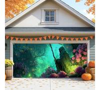 Copertura per porta del garage con motivo floreale, grande figura mistica, decorazioni da giardino, decorazione autunnale per Halloween, 390 x 180 cm