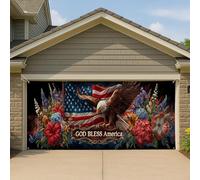 Copertura per porta del garage con motivo floreale patriottico americano, grande aquila calva, decorazione per esterni per il giorno dell'indipendenza e il giorno della commemorazione, 390 x 180 cm